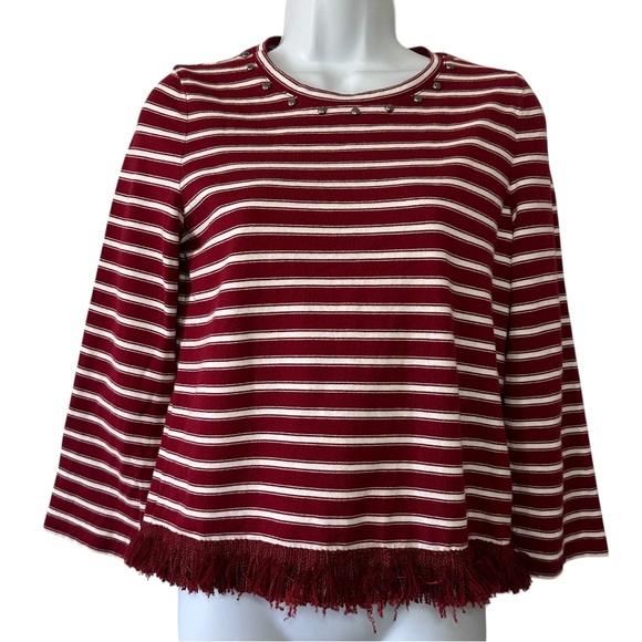 kate spade Tops - Kate Spade Women's Burgundy & White Stripe Fringe Studded 3/4 Sleeve Top- Small